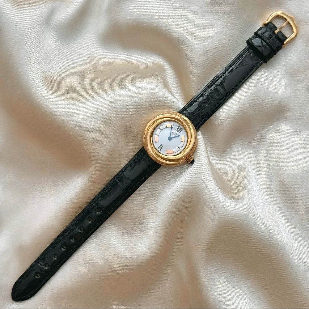AUTHENTIC RARE VINTAGE CARTIER TRINITY WATCH - BLACK LEATHER STRAP - WITH BOX - Picture 3 of 8